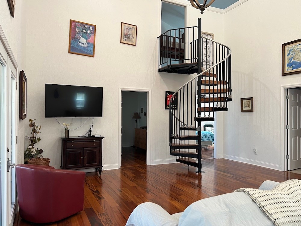 Living Area & Spiral Staircase to Loft